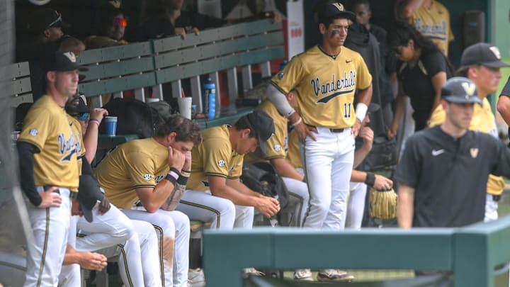 Jun 1, 2024; Clemson, South Carolina, USA; Vanderbilt Commodores players react after a   loss to the High Point Panthers in the NCAA baseball Clemson Regional at Doug Kingsmore Stadium.  Mandatory Credit: Ken Ruinard-USA TODAY Sports