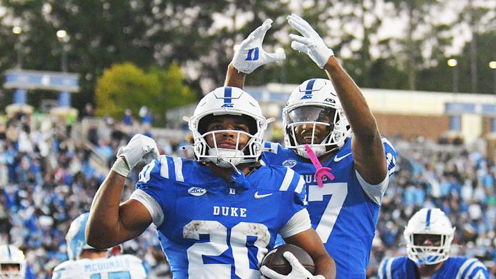 Oct 17, 2026; Durham, North Carolina, USA; Duke Blue Devils running back Nate Sheppard (20) celebrates his touchdown during the fourth quarter against the North Carolina Tar Heels with Duke Blue Devils wide receiver Jared Richardson (17) at Wallace Wade Stadium. Mandatory Credit: Zachary Taft-Imagn Images Oct 17, 2026; Durham, North Carolina, USA; Duke Blue Devils running back Nate Sheppard (20) celebrates his touchdown during the fourth quarter against the North Carolina Tar Heels with Duke Blue Devils wide receiver Jared Richardson (17) at Wallace Wade Stadium. Mandatory Credit: Zachary Taft-Imagn Images