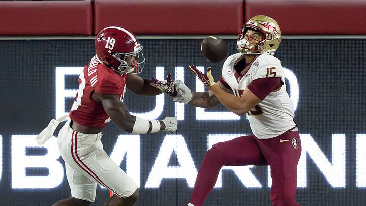 Sep 19, 2026; Tuscaloosa, AL, USA;  Alabama defensive back Chuck McDonald III (19) breaks up a pass in the end zone intended for Florida State wide receiver Jayvan Boggs (15) at Bryant-Denny Stadium. Alabama defeated Florida State 50-36. Mandatory Credit: Gary Cosby Jr.-Tuscaloosa News