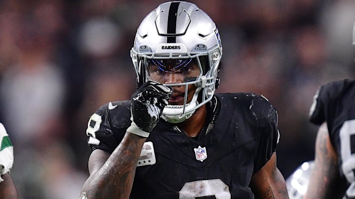 Nov 12, 2023; Paradise, Nevada, USA; Las Vegas Raiders running back Josh Jacobs (8) reacts after