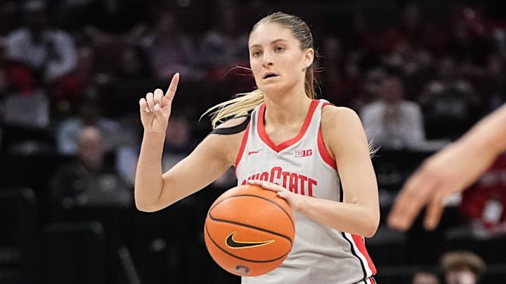 Feb 14, 2024; Columbus, Ohio, USA; Ohio State Buckeyes guard Jacy Sheldon (4) dribbles up court during the first half of the NCAA women’s basketball game against the Nebraska Cornhuskers at Value City Arena.