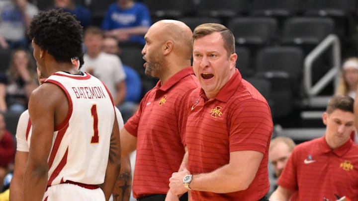 Mar 20, 2026; St. Louis, MO, USA; Iowa State Cyclones head coach T.J. Otzelberger reacts to a flagrant two foul charged to Tennessee State Tigers forward Kavien Jones (not pictured) during the second half of a first round game of the men's 2026 NCAA Tournament at Enterprise Center. Mandatory Credit: Jeff Curry-Imagn Images