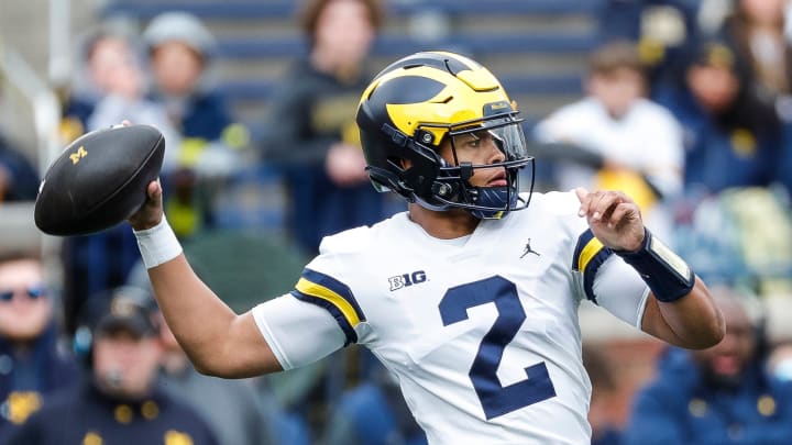 Maize Team quarterbacks Jadyn Davis makes a pass against Blue Team during the first half of spring game at Michigan Stadium in Ann Arbor on Saturday, April 20, 2024. Maize Team quarterbacks Jadyn Davis makes a pass against Blue Team during the first half of spring game at Michigan Stadium in Ann Arbor on Saturday, April 20, 2024.