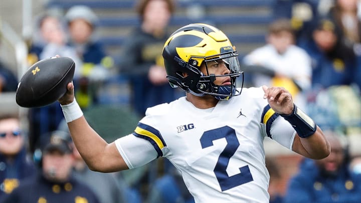 Maize Team quarterbacks Jadyn Davis makes a pass against Blue Team during the first half of spring game at Michigan Stadium in Ann Arbor on Saturday, April 20, 2024.
