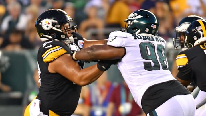 Aug 12, 2021; Philadelphia, Pennsylvania, USA;  Pittsburgh Steelers guard Kendrick Green (53) blocks Philadelphia Eagles defensive tackle Hassan Ridgeway (98) at Lincoln Financial Field. 