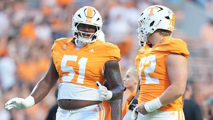 Tennessee offensive lineman Jeremias Heard (51) and Tennessee offensive lineman Jesse Perry (72) before the game between Tennessee and Kennesaw State at Neyland Stadium in Knoxville, Tenn., Sept. 19, 2026. Tennessee offensive lineman Jeremias Heard (51) and Tennessee offensive lineman Jesse Perry (72) before the game between Tennessee and Kennesaw State at Neyland Stadium in Knoxville, Tenn., Sept. 19, 2026.