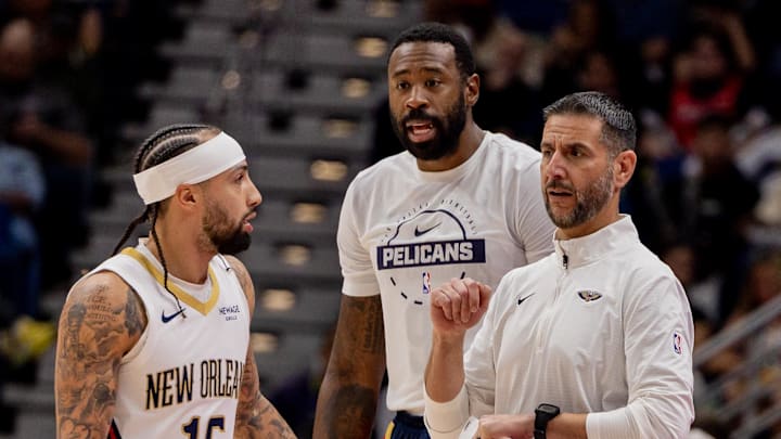 Nov 24, 2025; New Orleans, Louisiana, USA;  New Orleans Pelicans interim Head Coach James Borrego during a time out against the Chicago Bulls during the first half at Smoothie King Center. Mandatory Credit: Stephen Lew-Imagn Images