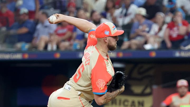 American League pitcher Garrett Crochet of the Chicago White Sox (45) pitches in the fourth inning during the 2024 MLB All-Star game at Globe Life Field on July 16. American League pitcher Garrett Crochet of the Chicago White Sox (45) pitches in the fourth inning during the 2024 MLB All-Star game at Globe Life Field on July 16.