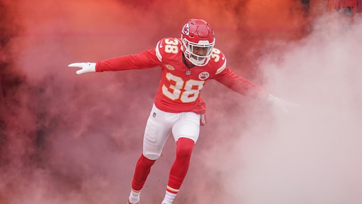 Dec 25, 2023; Kansas City, Missouri, USA; Kansas City Chiefs cornerback L'Jarius Sneed (38) is introduced against the Las Vegas Raiders prior to a game at GEHA Field at Arrowhead Stadium. Mandatory Credit: Denny Medley-Imagn Images