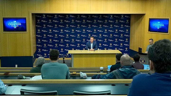 Senior Vice President and General Manager Matt Arnold speaks during an an end of season press conference at American Family Field in Milwaukee on Tuesday, Oct. 10, 2023.