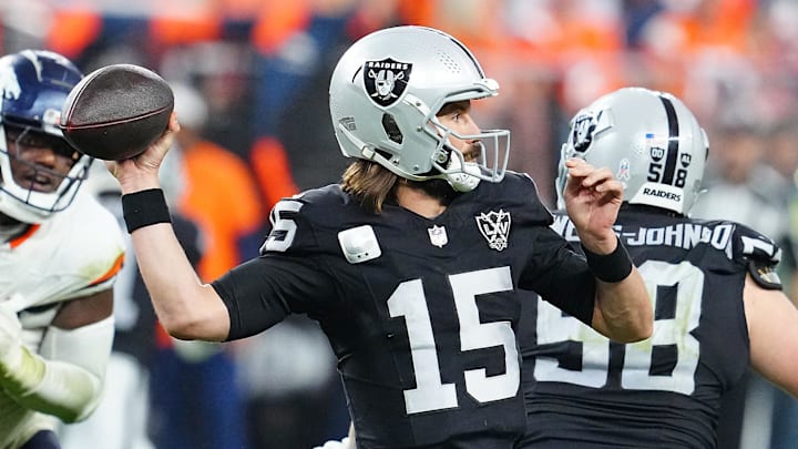 Nov 24, 2024; Paradise, Nevada, USA; Las Vegas Raiders quarterback Gardner Minshew (15) looks to throw against the Denver Broncos during the fourth quarter at Allegiant Stadium. Mandatory Credit: Stephen R. Sylvanie-Imagn Images