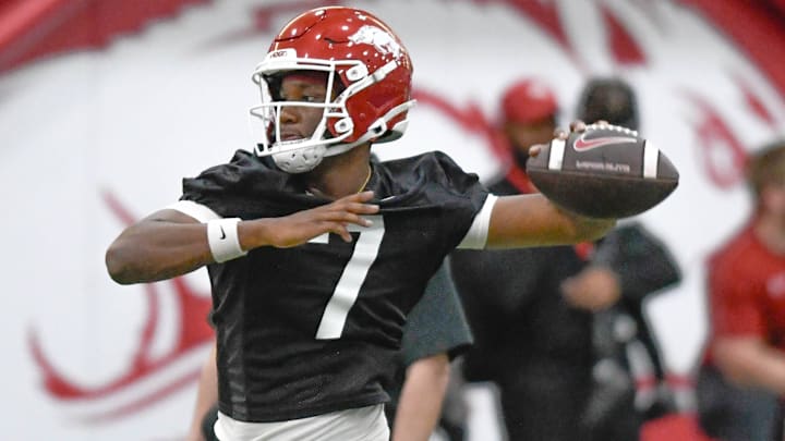 Arkansas Razorbacks quarterback KJ Jackson throws a pass during spring practice drills at the indoor practice center in Fayetteville, Ark. Arkansas Razorbacks quarterback KJ Jackson throws a pass during spring practice drills at the indoor practice center in Fayetteville, Ark.