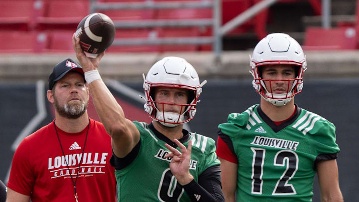 University of Louisville quarterback Tyler Shough (9) runs a drill during their second practice on Friday, Aug. 2, 2024 at L&N Federal Credit Union Stadium.