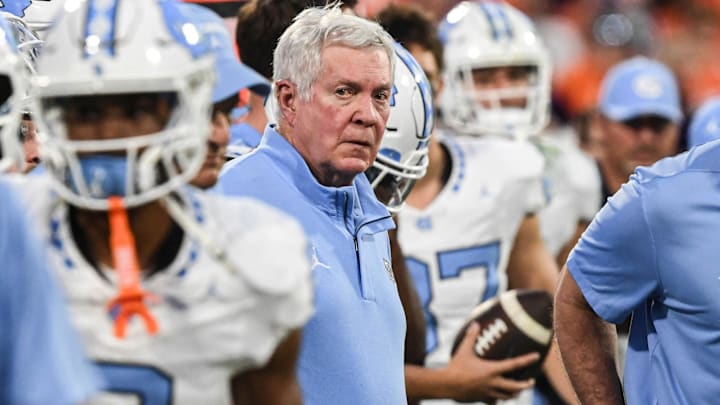 Nov 18, 2023; Clemson, South Carolina, USA; North Carolina Tar Heels Coach Mack Brown looks on