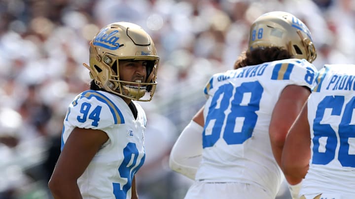 Oct 5, 2024; University Park, Pennsylvania, USA; UCLA Bruins kicker Mateen Bhaghani (94) reacts after kicking a field goal during the second quarter against the Penn State Nittany Lions at Beaver Stadium. Mandatory Credit: Matthew O'Haren-Imagn Images