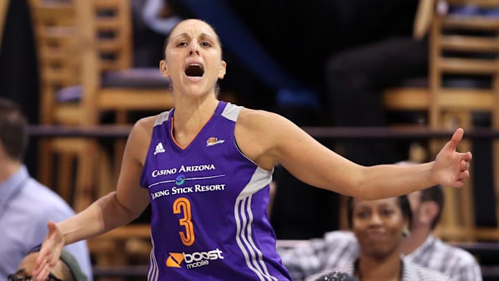 Sep 12, 2014; Chicago, IL, USA; Phoenix Mercury guard Diana Taurasi (3) celebrates after making a basket while being fouled by the Chicago Sky in the fourth quarter in game three of the 2014 WNBA Finals at UIC Pavilion. Mandatory Credit: Jerry Lai-Imagn Images