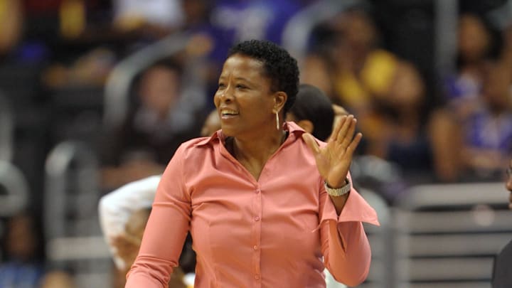 Aug 4, 2010; Los Angeles, CA, USA; Los Angeles Sparks coach Jennifer Gillom reacts during the game against the Chicago Sky at the Staples Center. The Sparks defeated the Sky 82-77. Mandatory Credit: Kirby Lee/Image of Sport-Imagn Images