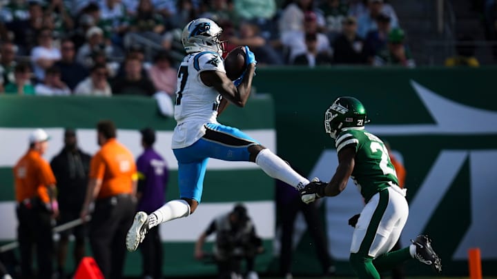 Carolina Panthers wide receiver Xavier Legette (17) catches the ball during a game against the New York Jets at MetLife Stadium, Oct 19, 2025, East Rutherford, NJ, USA. Carolina Panthers wide receiver Xavier Legette (17) catches the ball during a game against the New York Jets at MetLife Stadium, Oct 19, 2025, East Rutherford, NJ, USA.