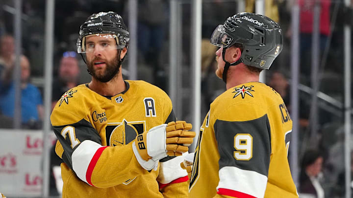 Sep 27, 2024; Las Vegas, Nevada, USA; Vegas Golden Knights defenseman Alex Pietrangelo (7) celebrates with Vegas Golden Knights center Jack Eichel (9) after scoring a goal against the Utah Hockey Club during the second period at T-Mobile Arena. Mandatory Credit: Stephen R. Sylvanie-Imagn Images