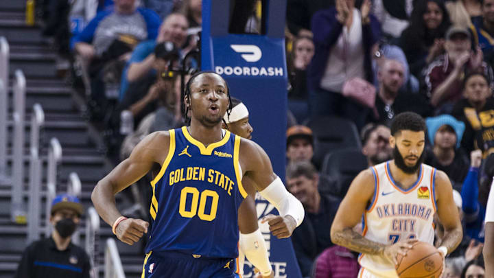 Nov 18, 2023; San Francisco, California, USA; Golden State Warriors forward Jonathan Kuminga (00) reacts after scoring against the Oklahoma City Thunder during the first half at Chase Center. Mandatory Credit: John Hefti-Imagn Images Nov 18, 2023; San Francisco, California, USA; Golden State Warriors forward Jonathan Kuminga (00) reacts after scoring against the Oklahoma City Thunder during the first half at Chase Center. Mandatory Credit: John Hefti-Imagn Images