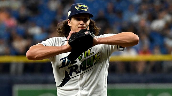 Sep 22, 2023; St. Petersburg, Florida, USA; Tampa Bay Rays pitcher Tyler Glasnow (20) reacts after