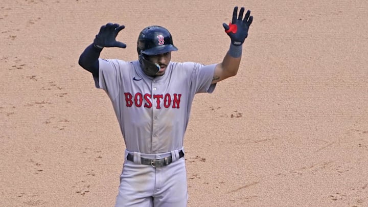 Jun 9, 2024; Chicago, Illinois, USA; Boston Red Sox shortstop David Hamilton (70) gestures after hitting double against the Chicago White Sox during the ninth inning at Guaranteed Rate Field. Mandatory Credit: David Banks-USA TODAY Sports