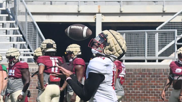 Florida State football players take part in drills during an FSU spring football practice of the