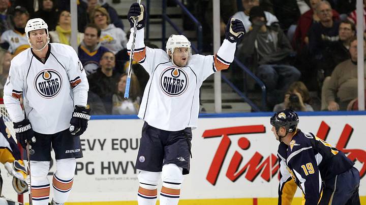 Nov 11, 2009; Buffalo, NY, USA; Edmonton Oilers center Patrick O'Sullivan (19) celebrates his goal against the Buffalo Sabres in the second period at HSBC Arena. Mandatory Credit: Kevin Hoffman-USA TODAY Sports