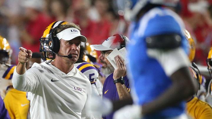 Sep 19, 2026; Oxford, Mississippi, USA;  Louisiana State Tigers head coach Lane Kiffin reacts after a play against the Mississippi Rebels during the first half at Vaught-Hemingway Stadium.  Mandatory Credit: Petre Thomas-Imagn Images