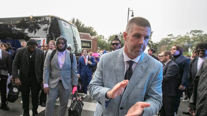 Florida Gators head coach Billy Napier waits for his players during Gator Walk before Florida takes in Florida State at Steve Spurrier Field at Ben Hill Griffin Stadium in Gainesville, FL on Saturday, November 25, 2023. [Alan Youngblood/Gainesville Sun]