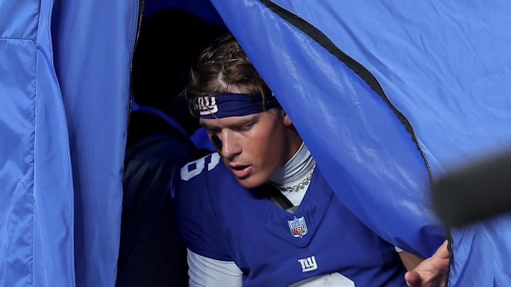 New York Giants quarterback Jaxson Dart has now been to the medical tent in five of his 10 starts dating back to the preseason. New York Giants quarterback Jaxson Dart has now been to the medical tent in five of his 10 starts dating back to the preseason.