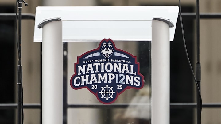 Apr 13, 2025; Hartford, CT, USA;  The podium awaits the arrival of the UConn Huskies Women’s basketball team and guests to celebrate the program’s 12 national title. Mandatory Credit: Scott Rausenberger-Imagn Images