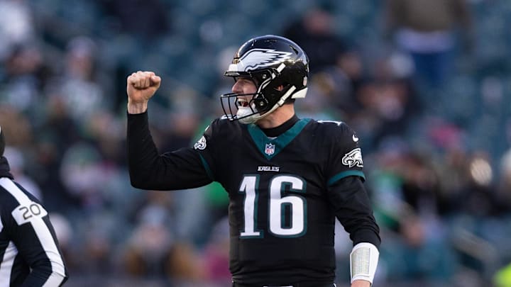 Jan 5, 2025; Philadelphia, Pennsylvania, USA; Philadelphia Eagles quarterback Tanner McKee (16) reacts after drawing the New York Giants offsides during the fourth quarter at Lincoln Financial Field. Mandatory Credit: Bill Streicher-Imagn Images