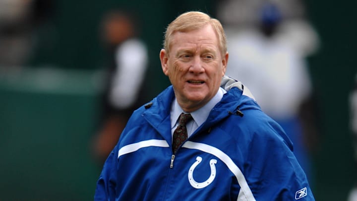 Dec 16, 2007; Oakland, CA, USA; Indianapolis Colts president Bill Polian watches warmups before game against the Oakland Raiders at McAfee Coliseum. 