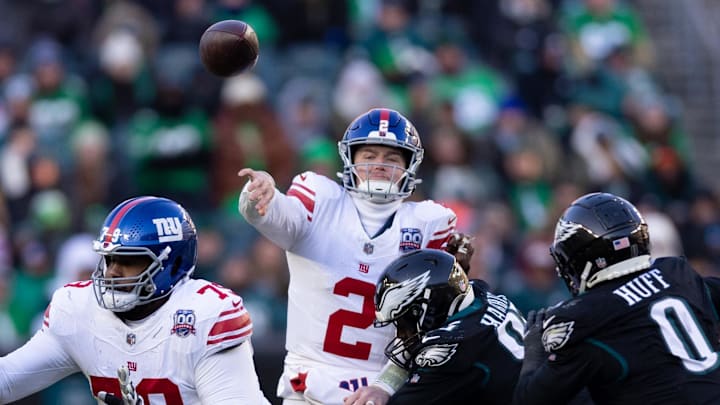 Jan 5, 2025; Philadelphia, Pennsylvania, USA; New York Giants quarterback Drew Lock (2) passes the ball against the Philadelphia Eagles fourth quarter at Lincoln Financial Field. Mandatory Credit: Bill Streicher-Imagn Images