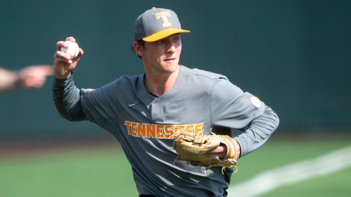 Tennessee's Jake Rucker (7) throws to first during game two of the Knoxville Super Regional between the Tennessee Volunteers and the LSU Tigers held at Lindsey Nelson Stadium on Sunday, June 13, 2021.