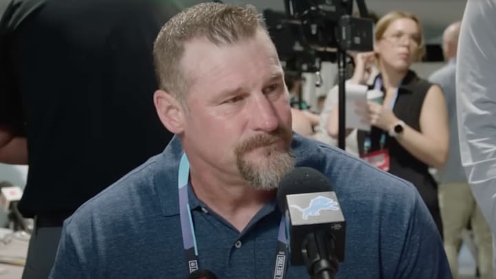 Detroit Lions coach Dan Campbell speaks at the 2025 NFL annual meeting.