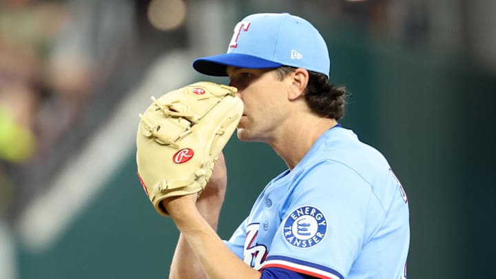 Jun 1, 2025; Arlington, Texas, USA; Texas Rangers starting pitcher Jacob deGrom (48) throws during the fifth inning against the St. Louis Cardinals at Globe Life Field. 