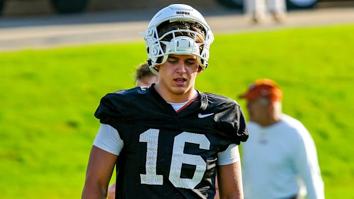 Texas Longhorns quarterback, Arch Manning during his first practice of the spring season on Tuesday, March 25, 2025.