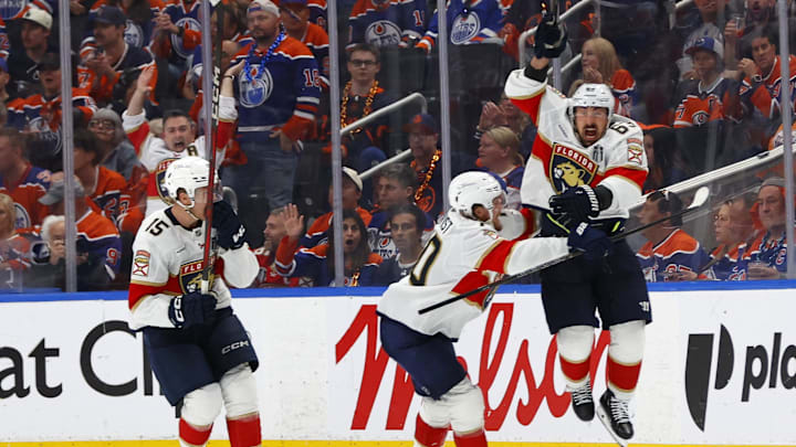 Jun 6, 2025; Edmonton, Alberta, CAN; Florida Panthers center Brad Marchand (63) reacts after making the game winning goal against the Edmonton Oilers during double overtime in game two of the 2025 Stanley Cup Final at Rogers Place. Mandatory Credit: Perry Nelson-Imagn Images