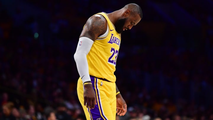 Apr 25, 2024; Los Angeles, California, USA; Los Angeles Lakers forward LeBron James (23) reacts during the first half in game three of the first round for the 2024 NBA playoffs at Crypto.com Arena. Mandatory Credit: Gary A. Vasquez-USA TODAY Sports