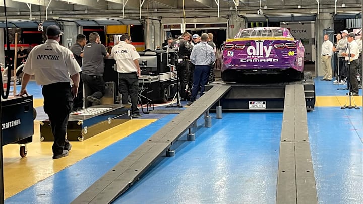 Alex Bowman's No. 48 Hendrick Motorsports Chevrolet Camaro ZL1 on the scales in post-race inspection following the Bank of America ROVAL 400 at the Charlotte Motor Speedway ROVAL.