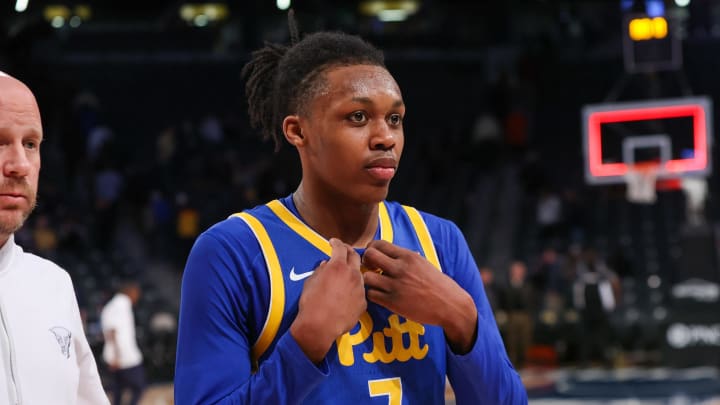 Jan 23, 2024; Atlanta, Georgia, USA; Pittsburgh Panthers guard Carlton Carrington (7) after a victory against the Georgia Tech Yellow Jackets at McCamish Pavilion. Mandatory Credit: Brett Davis-USA TODAY Sports
