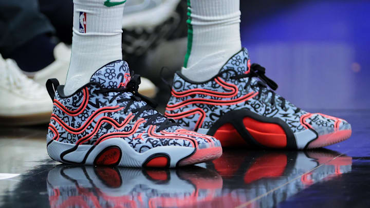 Mar 14, 2025; Miami, Florida, USA; A view of the shoes worn by Boston Celtics forward Jayson Tatum (0) during the game against the Miami Heat at Kaseya Center.