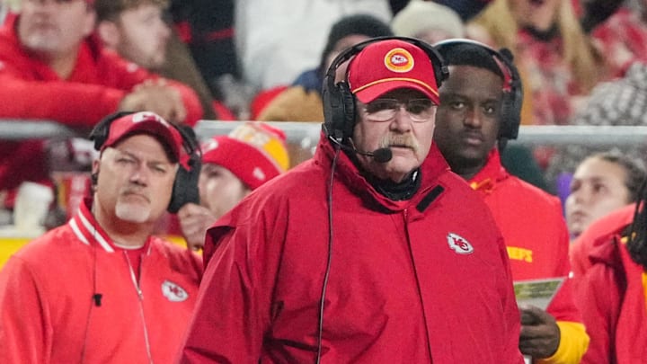Dec 8, 2024; Kansas City, Missouri, USA; Kansas City Chiefs head coach Andy Reid watches play against the Los Angeles Chargers during the second half at GEHA Field at Arrowhead Stadium. Mandatory Credit: Denny Medley-Imagn Images