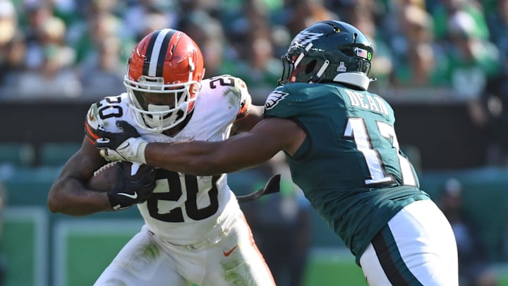 Cleveland Browns running back Pierre Strong Jr. (20) gets past Philadelphia Eagles linebacker Nakobe Dean (17) during the fourth quarter at Lincoln Financial Field. 