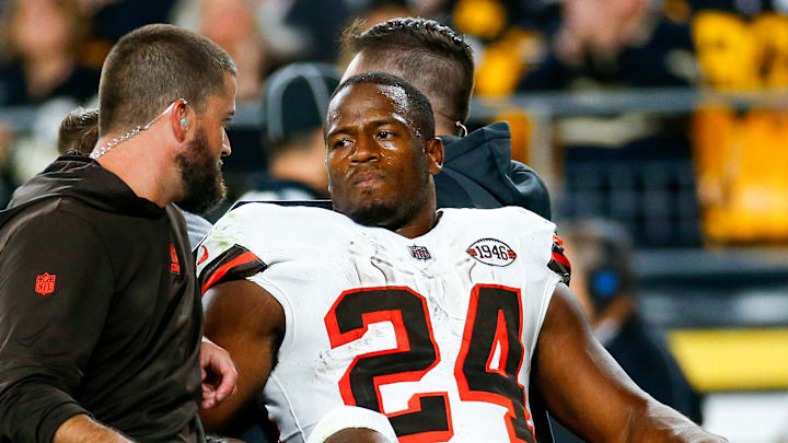 Nick Chubb needed to be carted off after a low hit to the knee.
