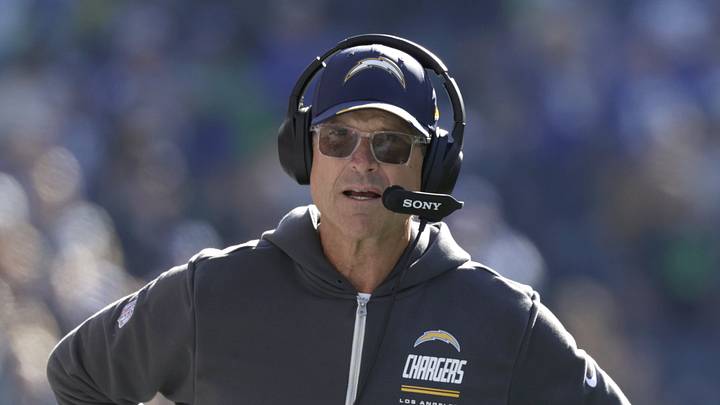 Oct 4, 2026; Seattle, Washington, USA;  Los Angeles Chargers head coach Jim Harbaugh is seen against the Seattle Seahawks during the first half at Lumen Field.  Mandatory Credit: Joe Nicholson-Imagn Images