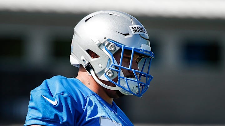 Detroit Lions offensive lineman Christian Mahogany (73) practices during rookie minicamp at Detroit Lions headquarters and practice facility in Allen Park on Friday, May 10, 2024.