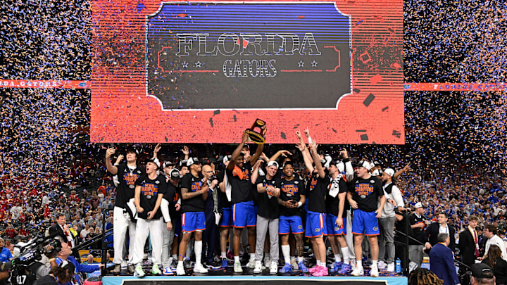 The Gators celebrate their 2025 men’s college basketball national championship.